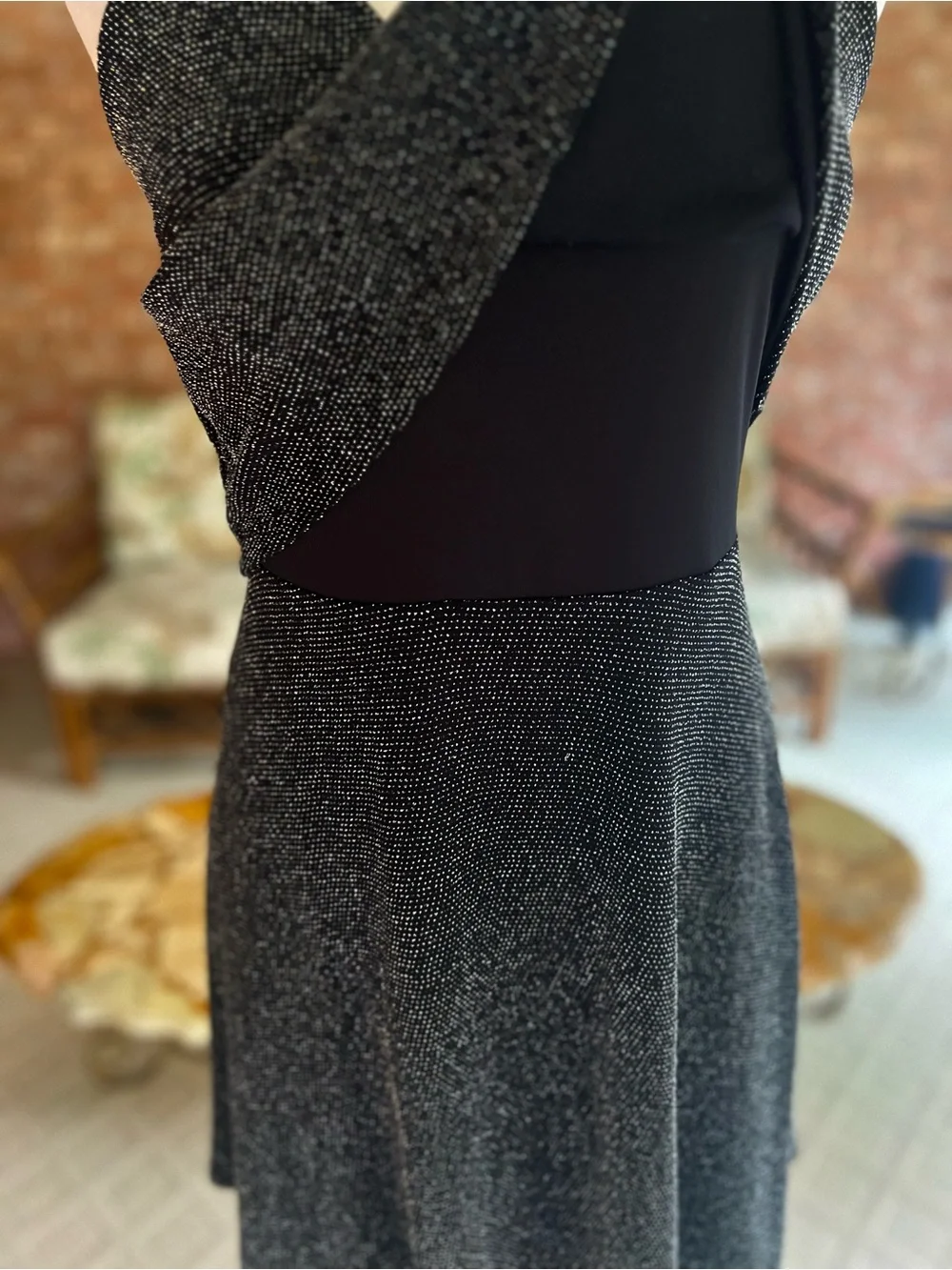 Express Black Silver Metallic Shimmer Layered Knit Mini Dress S Cocktail LBD
